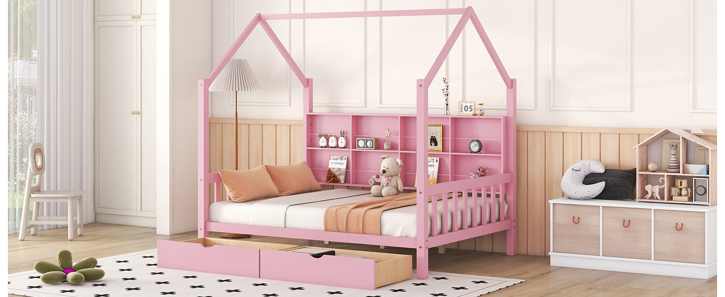 Wooden Full Size House Bed with 2 Drawers,Kids Bed with Storage Shelf, Pink - Atlantic Fine Furniture Melbourne FL