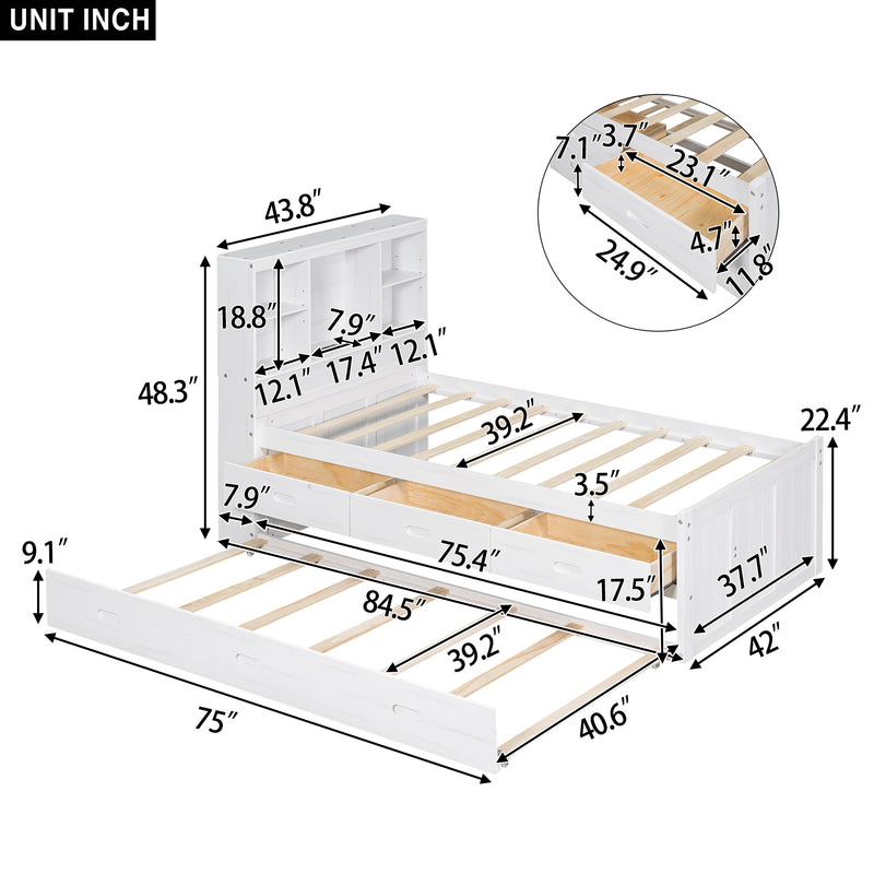 Twin Size Platform Bed with Storage Headboard, Charging Station, Twin Size Trundle and 3 Drawers, Antique White