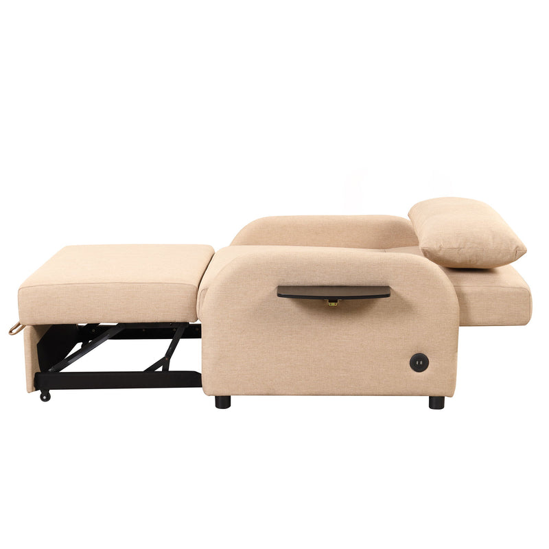 Pull Out Sofa Sleeper 3 In 1 With 2 Wing Table And USB Charge For Nap Line Fabric For Living Room Recreation Room