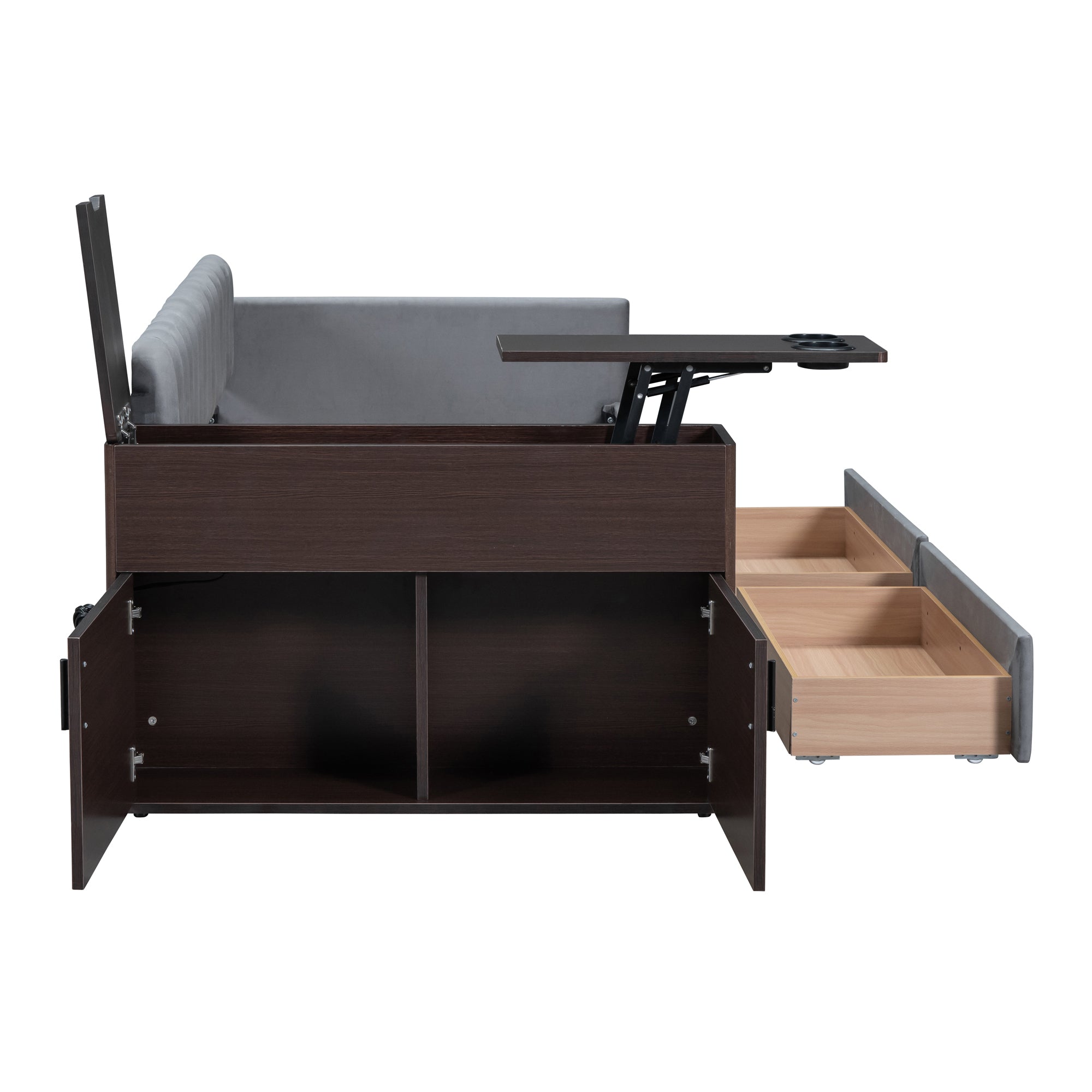 Twin Size Upholstered Daybed with Storage Armrest and 2 Drawers, Multi-functional Daybed with Cup Holder and a set of USB Ports and Sockets, Gray - Atlantic Fine Furniture Melbourne FL