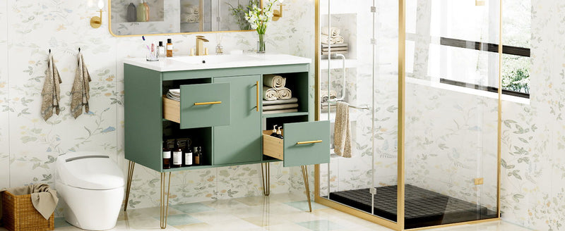 Bathroom Vanity With Resin Sink Combo Set, Modern Freestanding Single Bathroom Cabinet With 2 Drawers & 2 Storage Compartments, Storage Cabinet For Bathroom, Frame Vanity Set - Green
