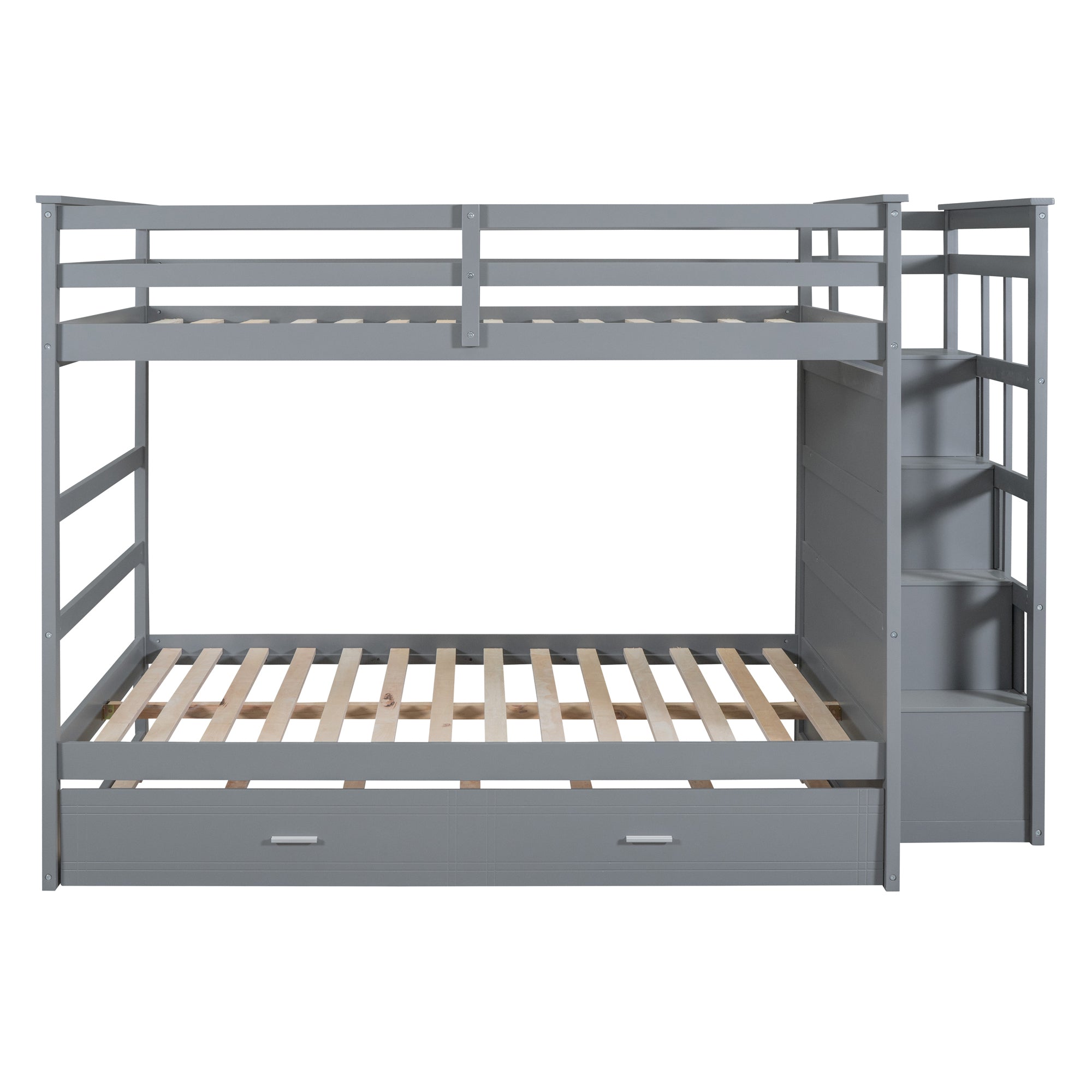 Full Over Full Bunk Bed with Twin Size Trundle and Staircase, Gray - Atlantic Fine Furniture Melbourne FL