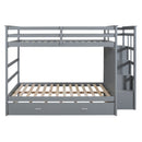 Full Over Full Bunk Bed with Twin Size Trundle and Staircase, Gray