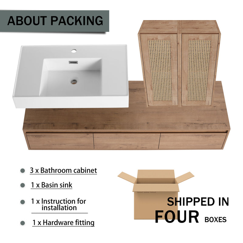 Modern Wall Mounted Bathroom Vanity With Resin Sink And 2 Side Cabinet, Imitative , Construction - Imitative Oak