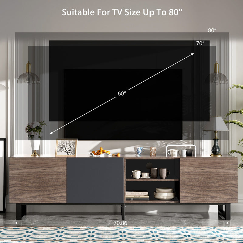 Modern TV With 3 Cabinets & Open Shelves, Color-Matching Media Console Table For Tvs Up To 80'', Entertainment Center With Drop Down Door For Living Room - Dark Brown