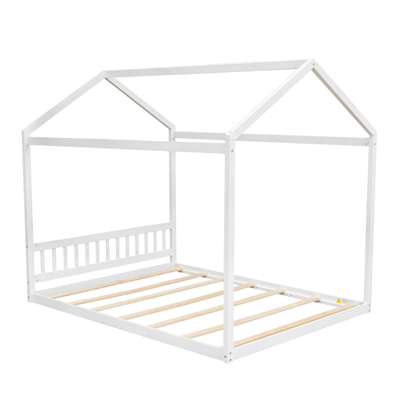 Queen Size Wooden House Bed with Headboard,White