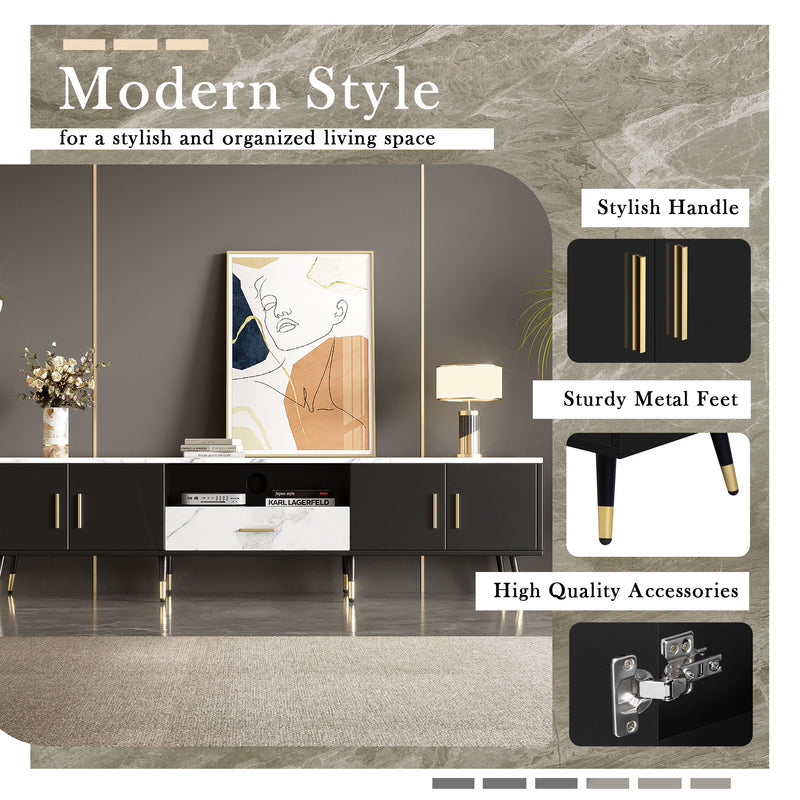 Modern TV Stand With 2 Cabinets & Open Compartments, Entertainment Center For Tvs Up To 80''
