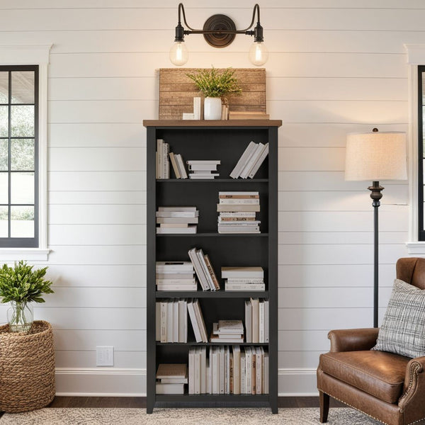 Essex - High 5 Shelf Bookcase - Black, Whiskey