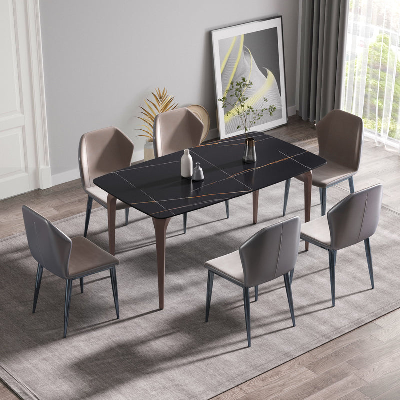 63" Modern Artificial Stone Black Curved Metal Leg Dining Table, 6 People - Black