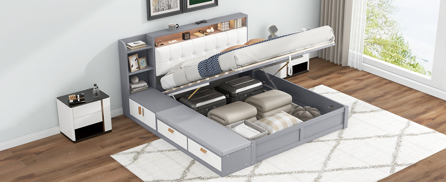 Queen Size Platform Bed Frame with Upholstery Headboard and Storage Shelves and,USB Charging,Gray - Atlantic Fine Furniture Melbourne FL