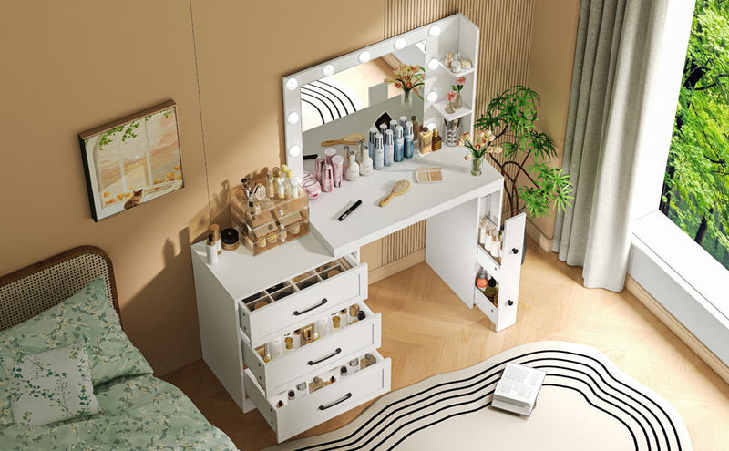 Vanity Desk With Freely Adjustable Side Cabinet, Makeup Vanity With Hollywood Lights, 5 Storage Drawers & 2-Shelves, Modern Dressing Table - White