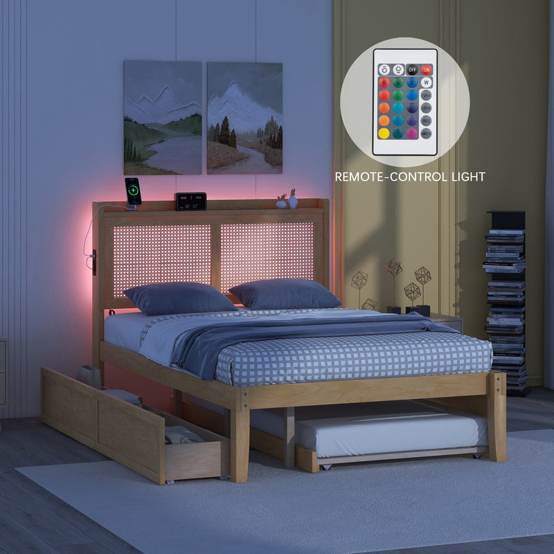 Full Size Elegant Bed Frame with Rattan Headboard and Sockets ,Walnut