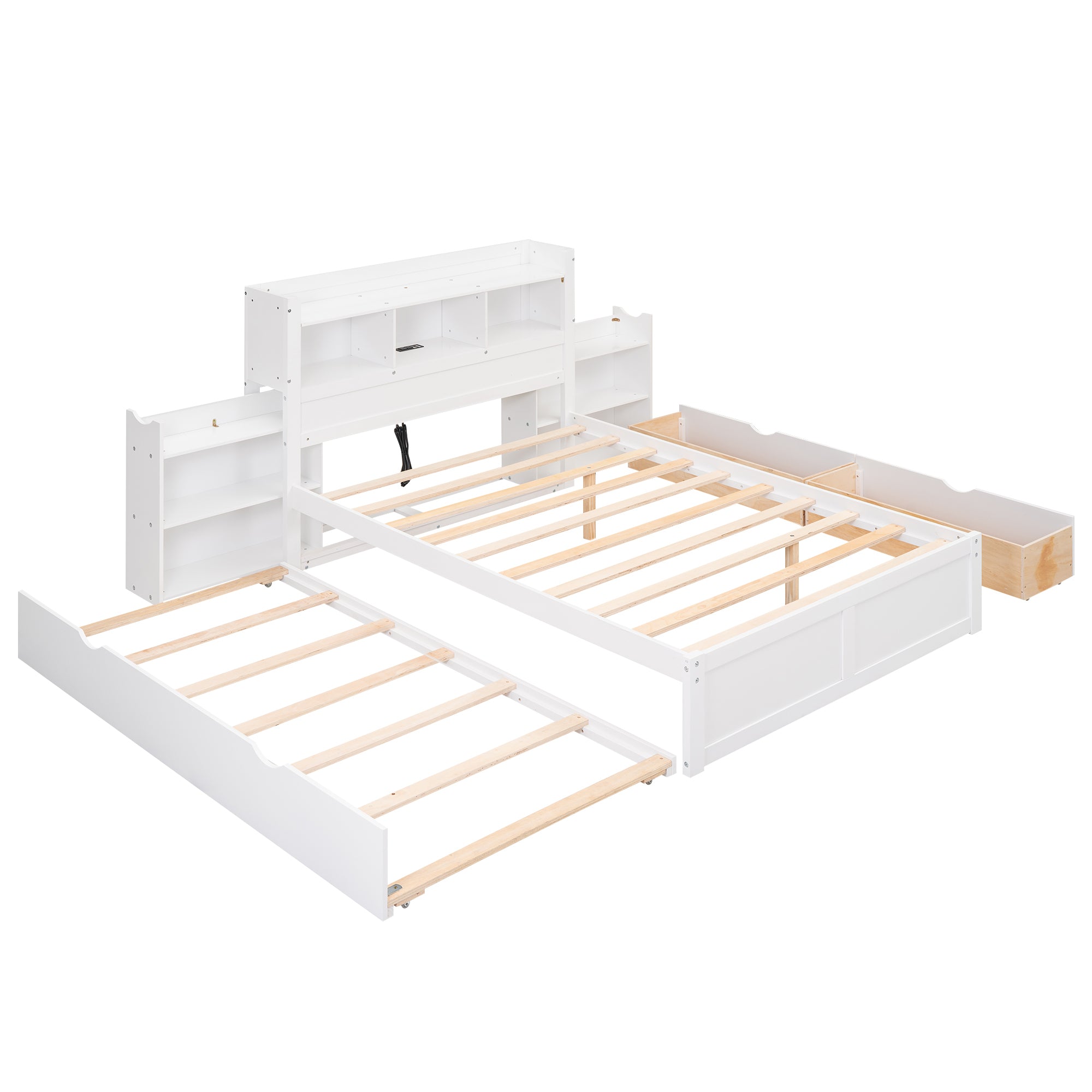 Full Size Storage Platform Bed with Pull Out Shelves, Twin Size Trundle and 2 Drawers, White - Atlantic Fine Furniture Melbourne FL