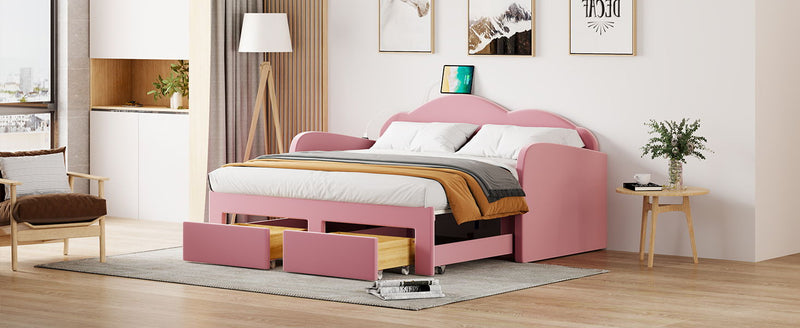 Upholstered Daybed With Cloud-Shaped Backrest, Trundle & 2 Drawers And USB Ports