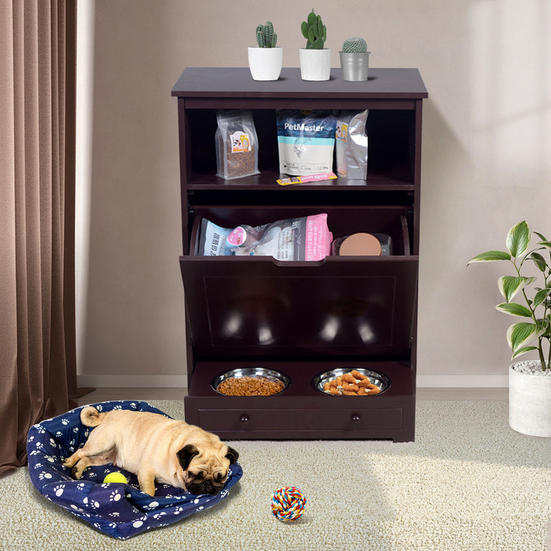 Pet Feeder Station With Storage, Waterproof Painted, Dog And Cat Feeder Cabinet With Stainless Bowl - Brown