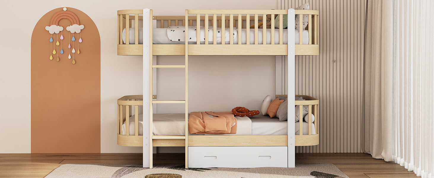 Wood Twin over Twin Bunk Bed with Fence Guardrail and a Big Drawer, Natural White - Atlantic Fine Furniture Melbourne FL