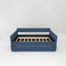 Upholstered Twin Size Daybed Bed Frame (Corner Bed) With Trundle, Velvet Fabric, Studding Design, No Box Spring Required