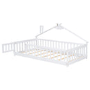 Twin House-Shaped Bedside Floor Bed with Guardrails, Slats, with Door,White