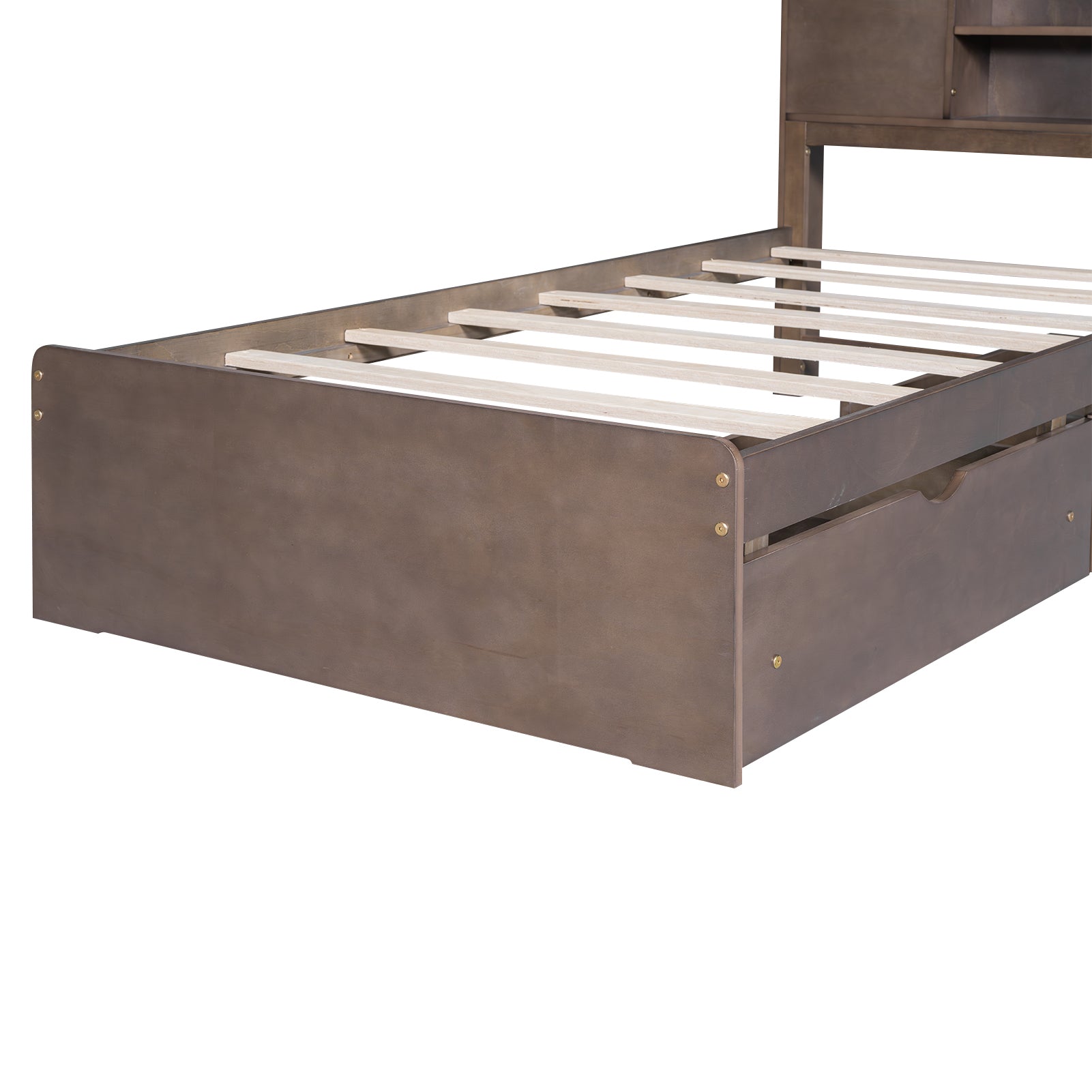 Twin Size Wood Platform Bed with House-shaped Storage Headboard and 2 Drawers, Walnut - Atlantic Fine Furniture Melbourne FL