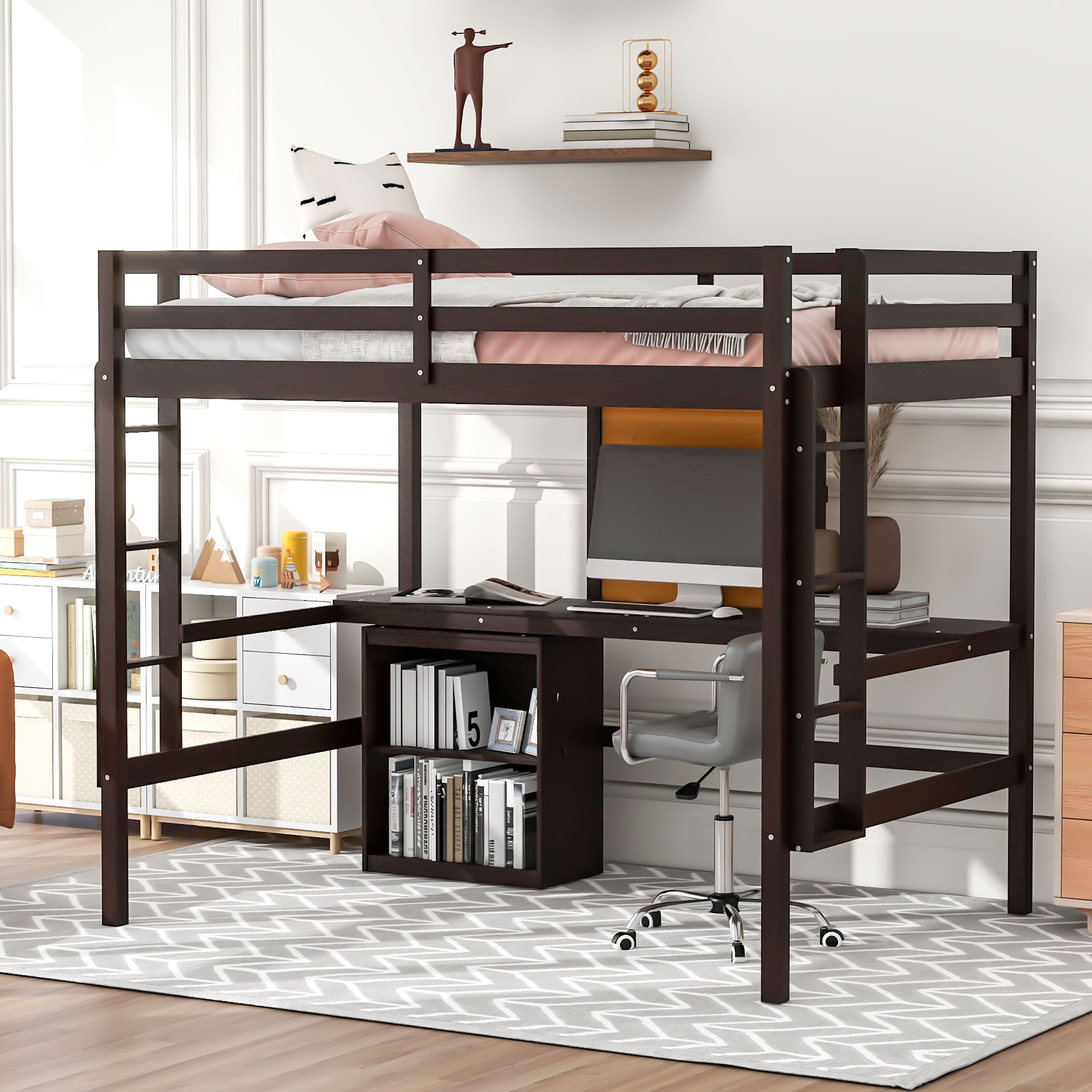 Full size Loft Bed with Desk and Writing Board, Wooden Loft Bed with Desk & 2 Drawers Cabinet- Espresso - Atlantic Fine Furniture Melbourne FL