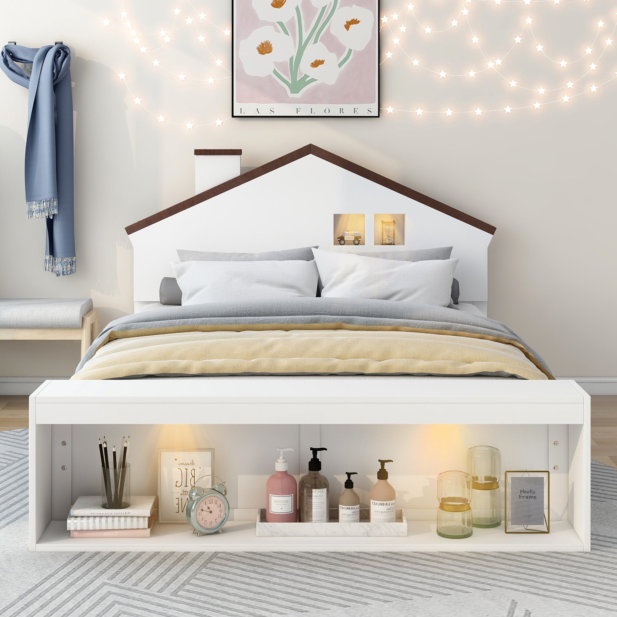 Full Size House Platform Bed with LED Lights and Storage, White - Atlantic Fine Furniture Melbourne FL