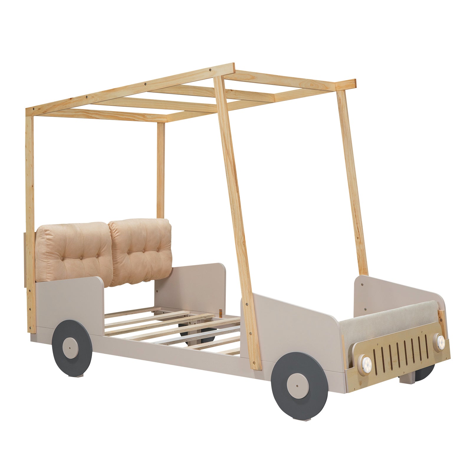 Wood Twin Size Car Bed with Pillow, Ceiling Cloth and LED, Natural - Atlantic Fine Furniture Melbourne FL