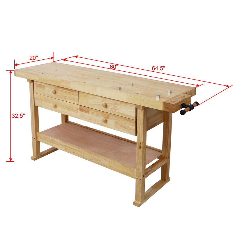 Workbench With 4 Drawers Wooden Workbench For Garage Workshop And Home - Natural