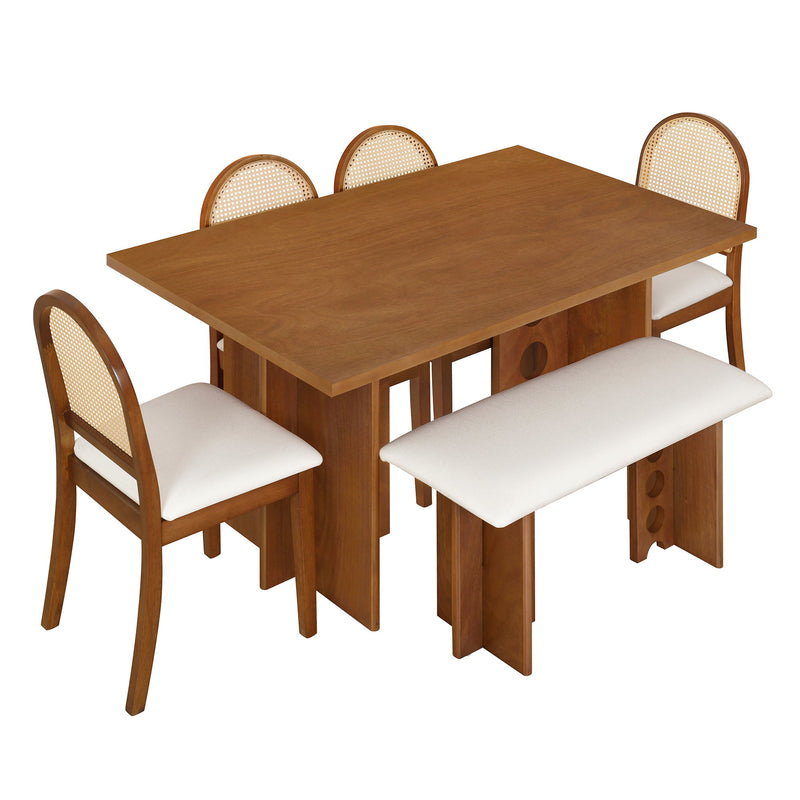 Modern Double Pedestal 6 Piece Dining Table Set, 4 Upholstered Rattan Back Dining Chairs And Bench