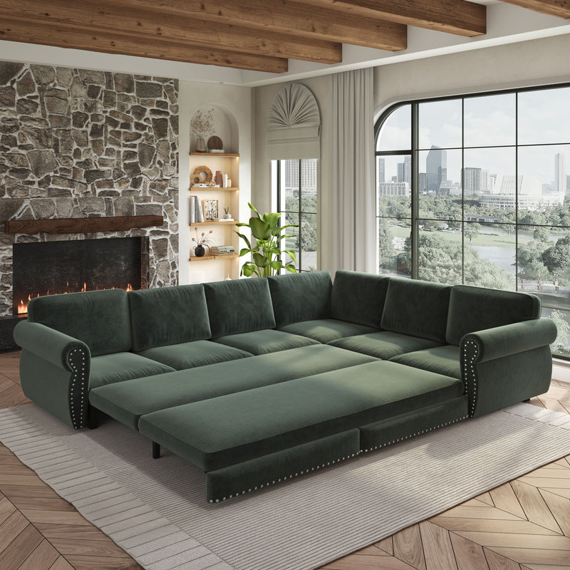L-Shaped Sofa Couch With Pull Out Bed With Nailhead Trim & Rolled Arm, Sectional Couches, For Living Room - Green