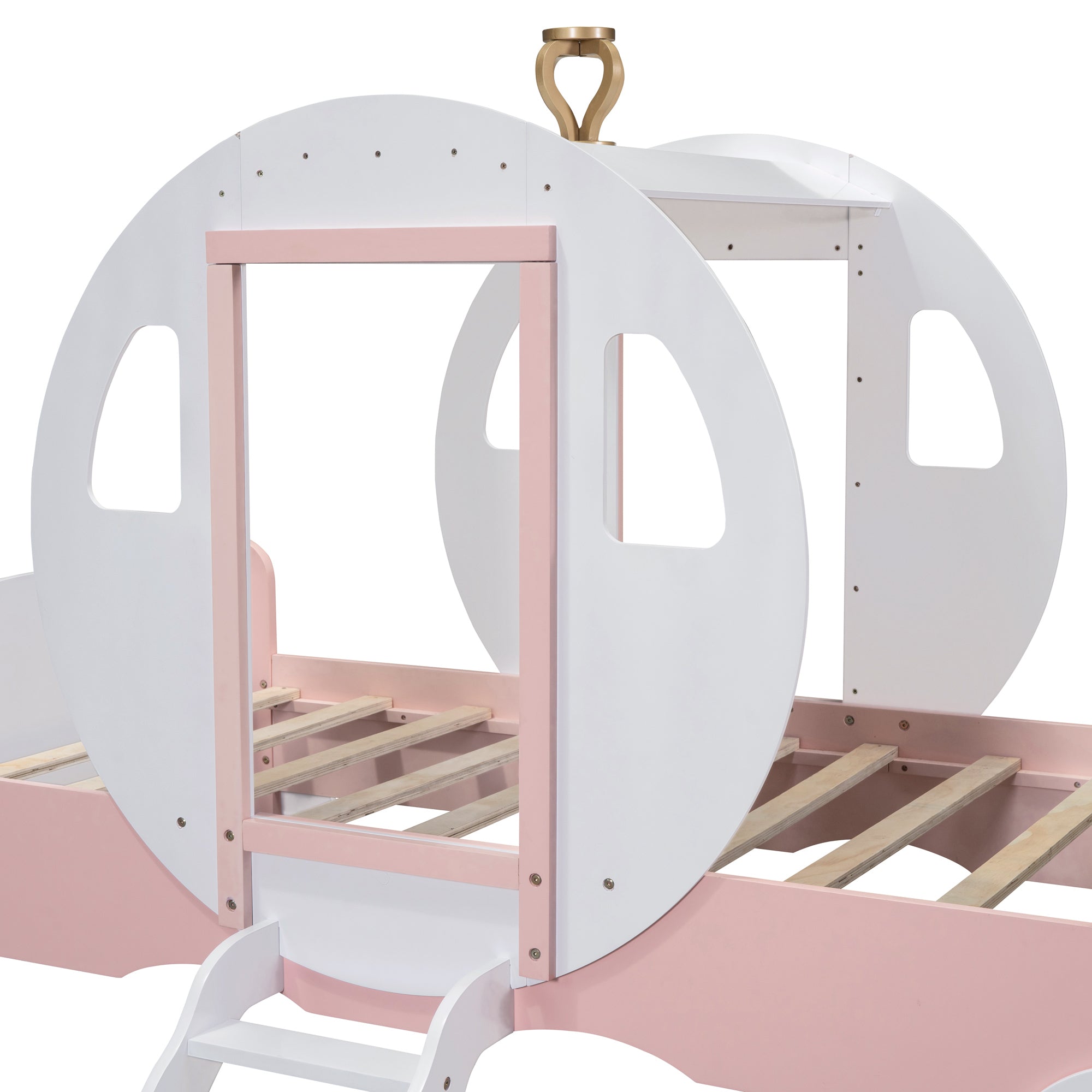 Twin size Princess Carriage Bed with Crown ,Wood Platform Car Bed with Stair,White+Pink - Atlantic Fine Furniture Melbourne FL