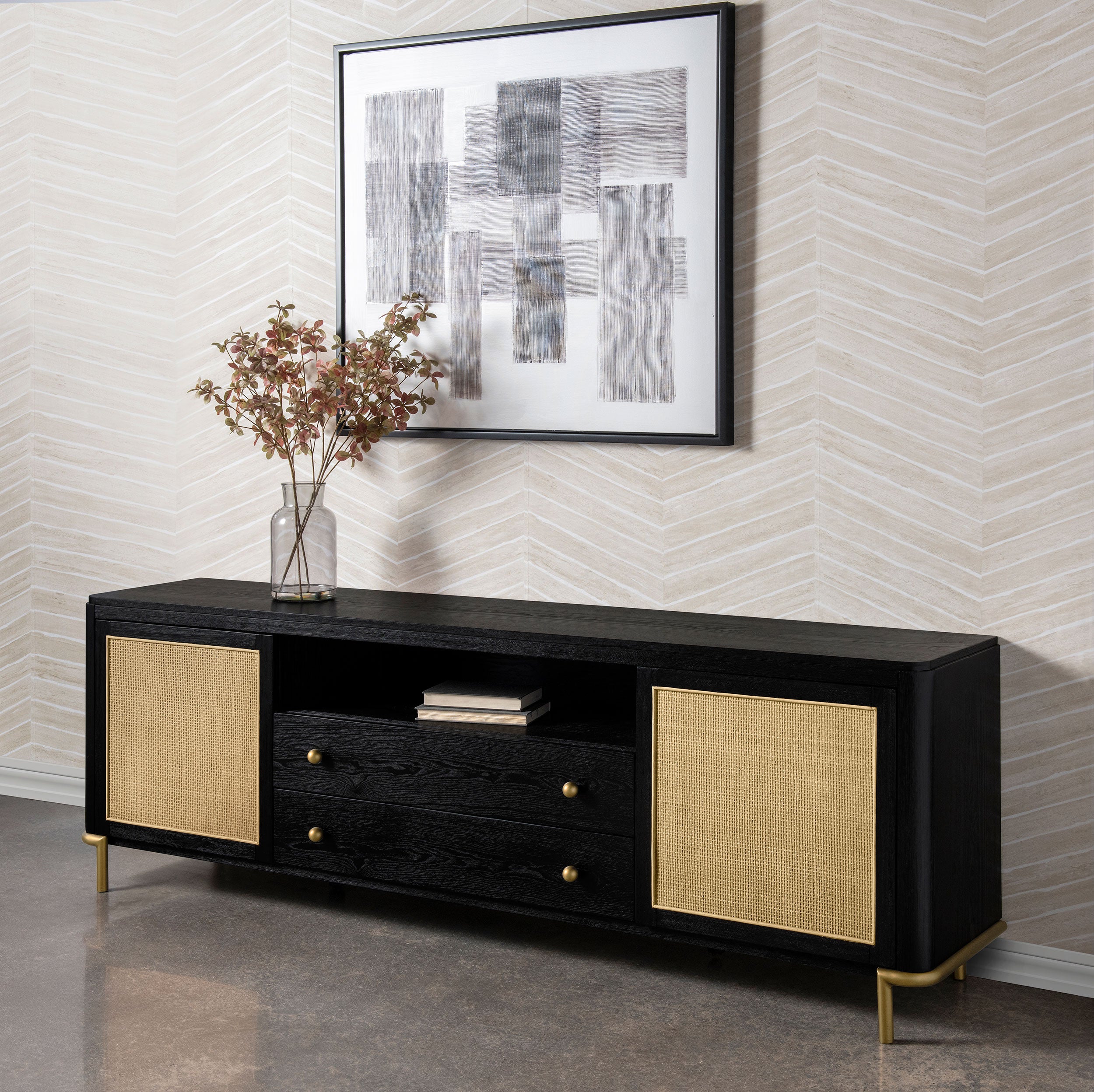 Arini Rattan Cane 2-door TV Stand Media Console Black — view 2
