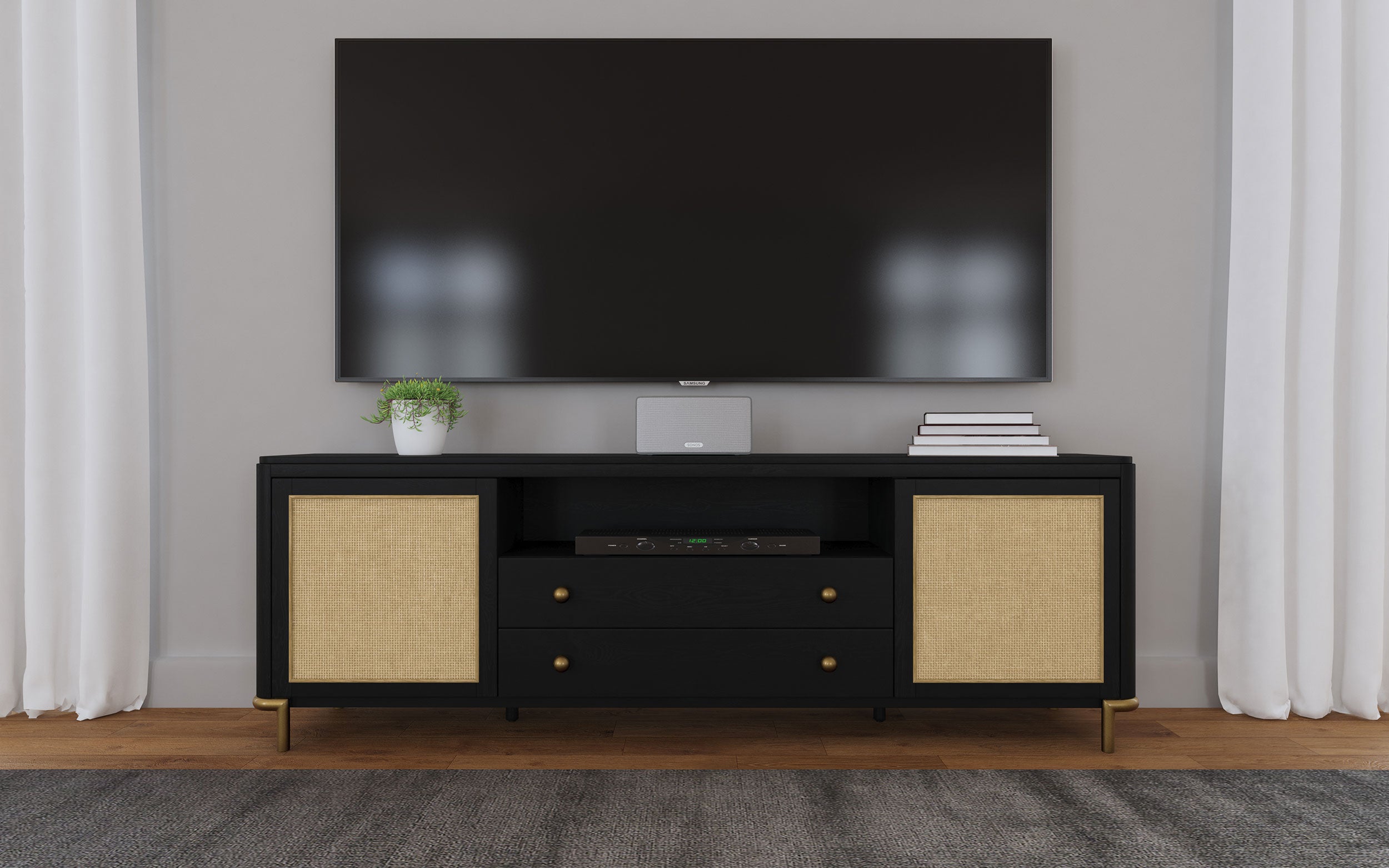 Arini Rattan Cane 2-door TV Stand Media Console Black — view 16