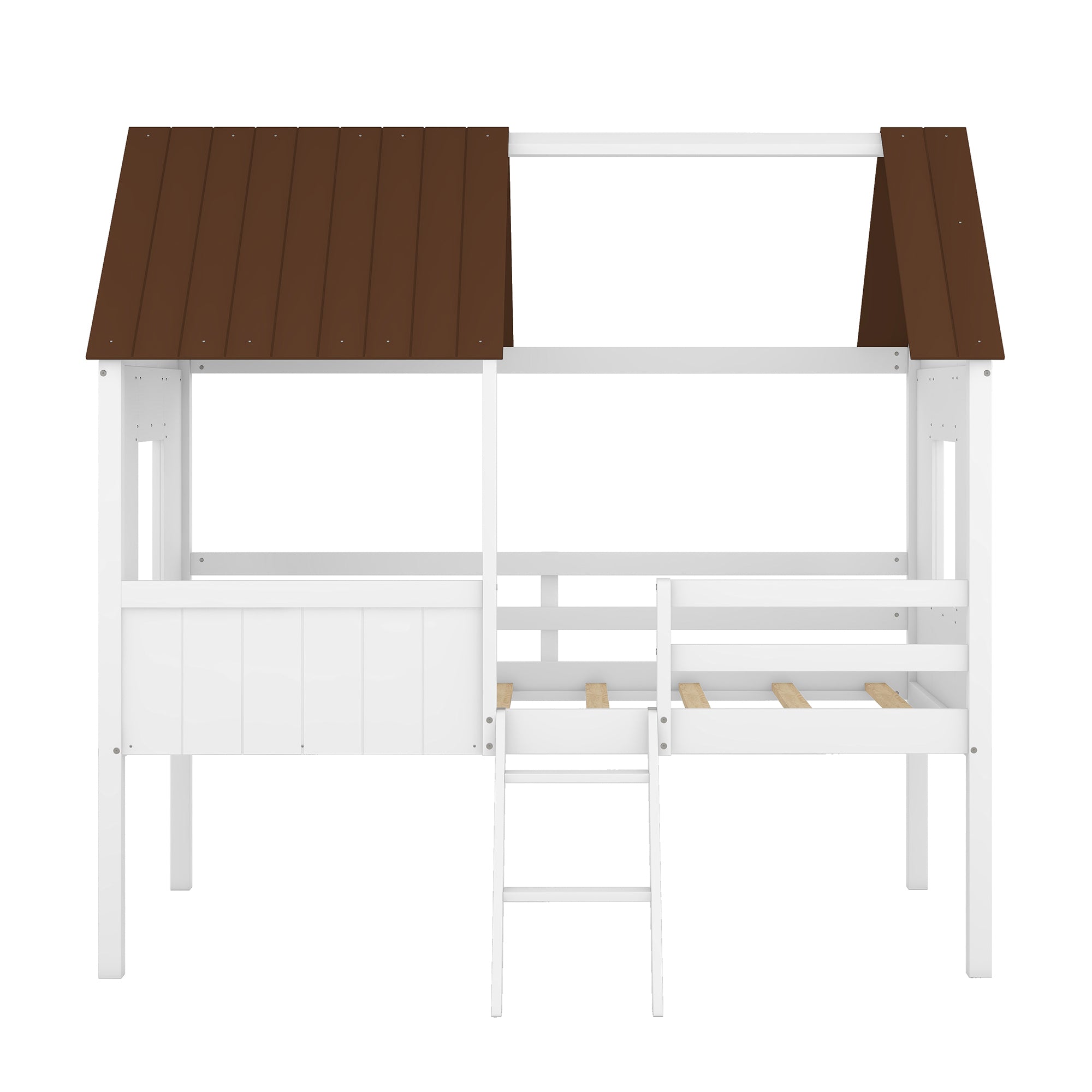 Twin Size Low Loft Wood House Bed with Two Side Windows  (White+Brown)(OLD SKU: LP000037AAD) - Atlantic Fine Furniture Melbourne FL