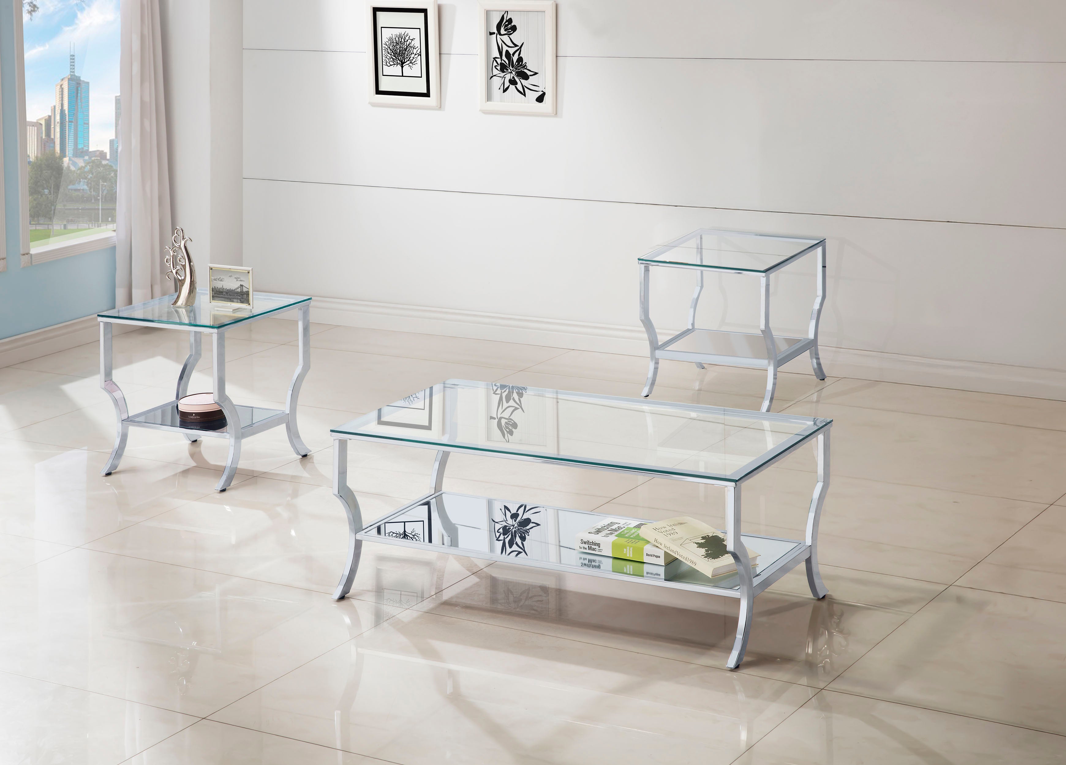 Saide 3-piece Glass Top Coffee and End Table Set Chrome — view 1