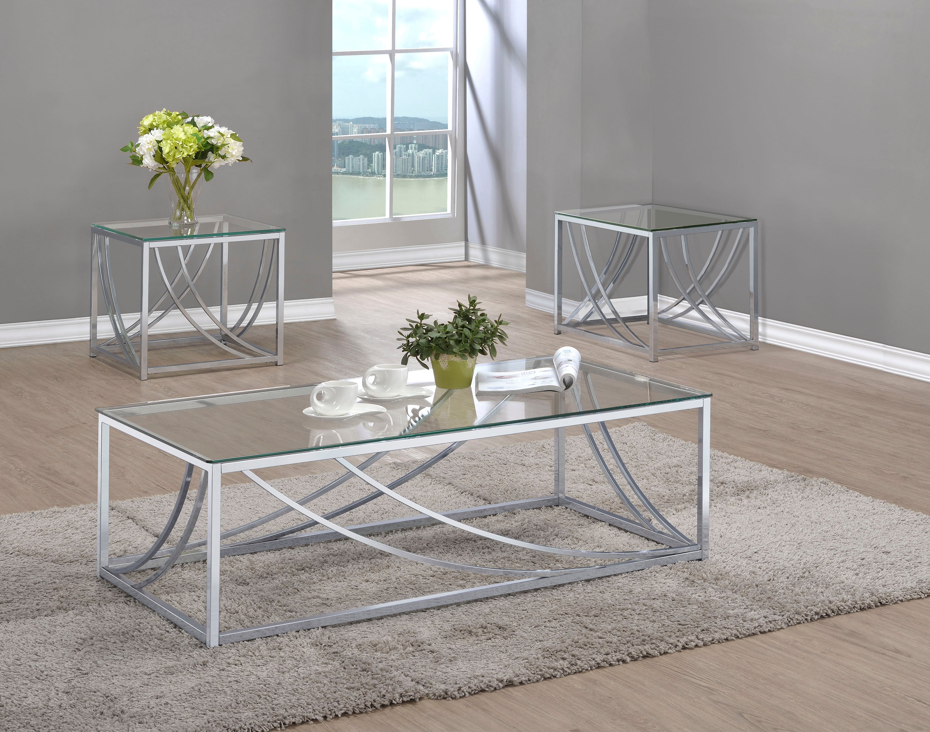 Lille 3-piece Glass Top Coffee And End Table Set Chrome — view 1