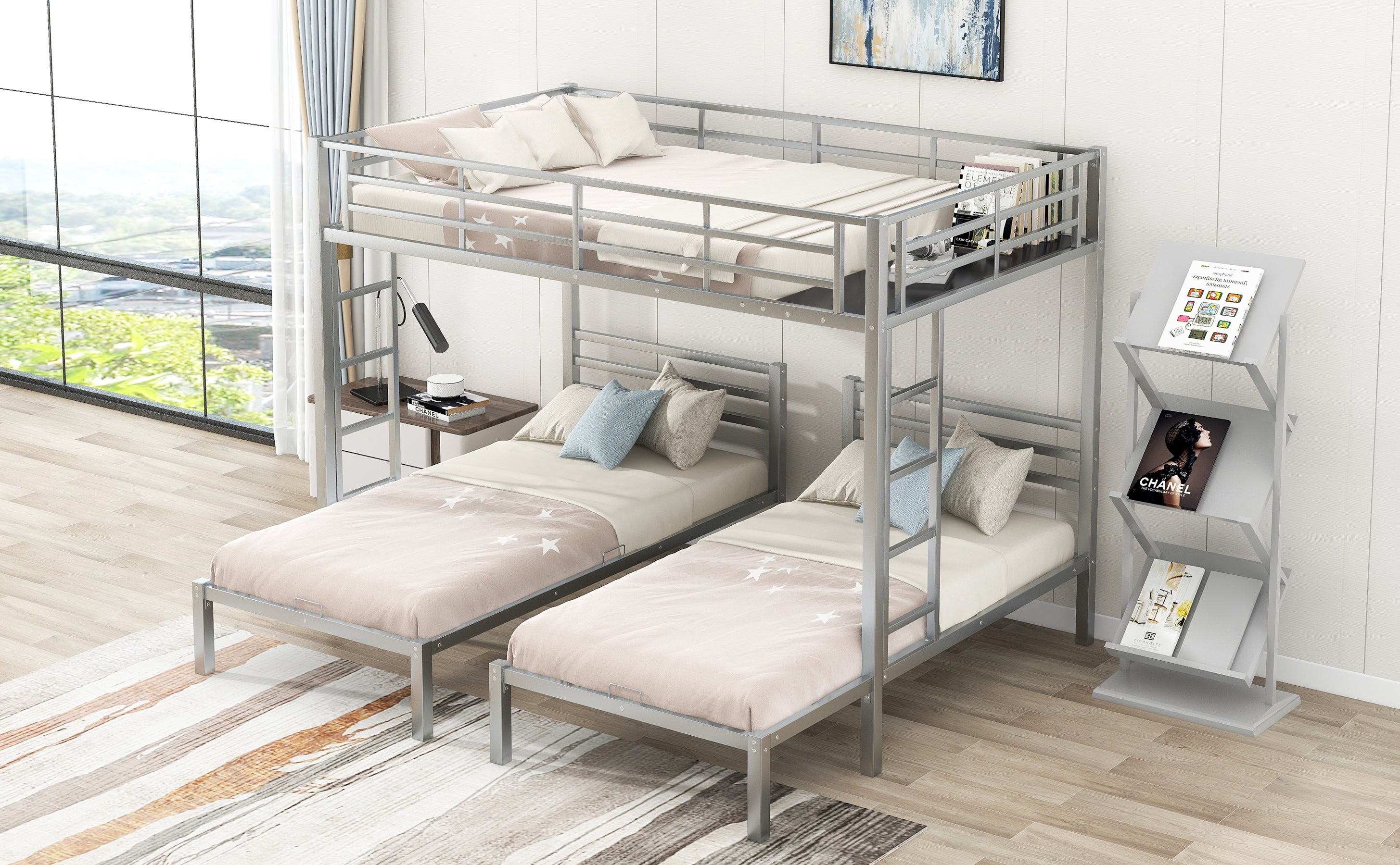 Full over Twin&Twin Size Bunk Bed with Built-in Shelf, Silver - Atlantic Fine Furniture Melbourne FL