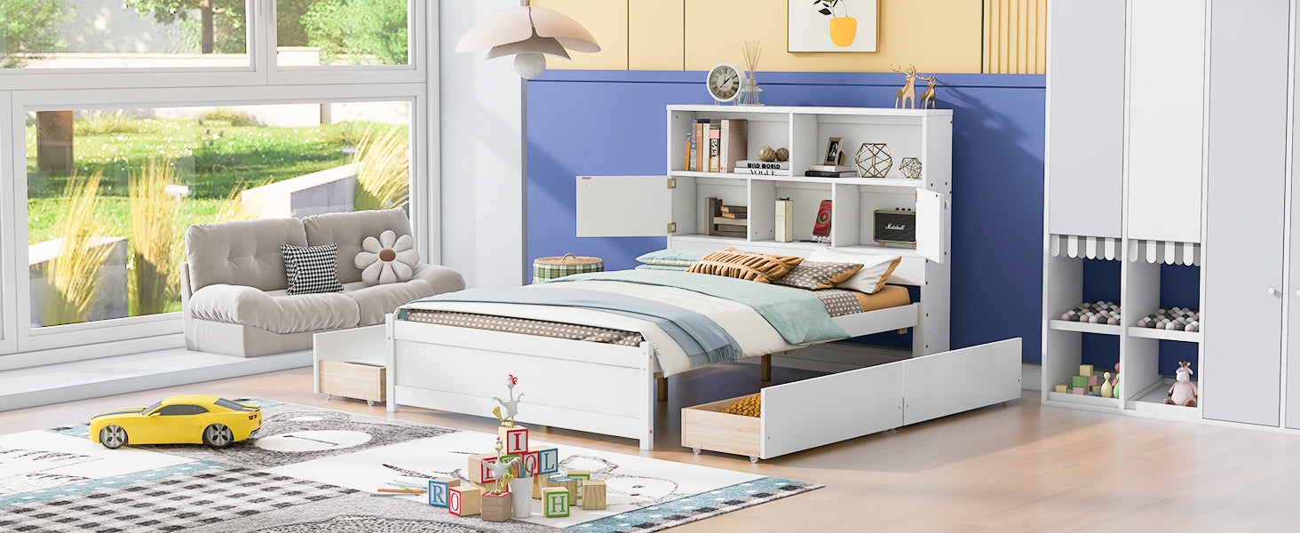 Full Size Platform Bed with Storage Headboard, Charging Station and 4 Drawers, White - Atlantic Fine Furniture Melbourne FL