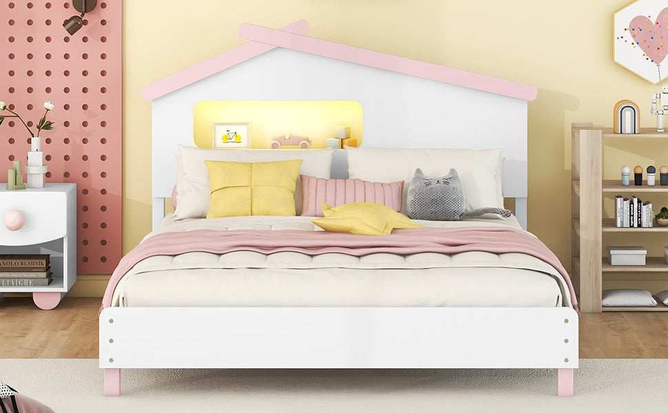 Full Size Wood Platform Bed with House-shaped Headboard and Motion Activated Night Lights (White+Pink) - Atlantic Fine Furniture Melbourne FL