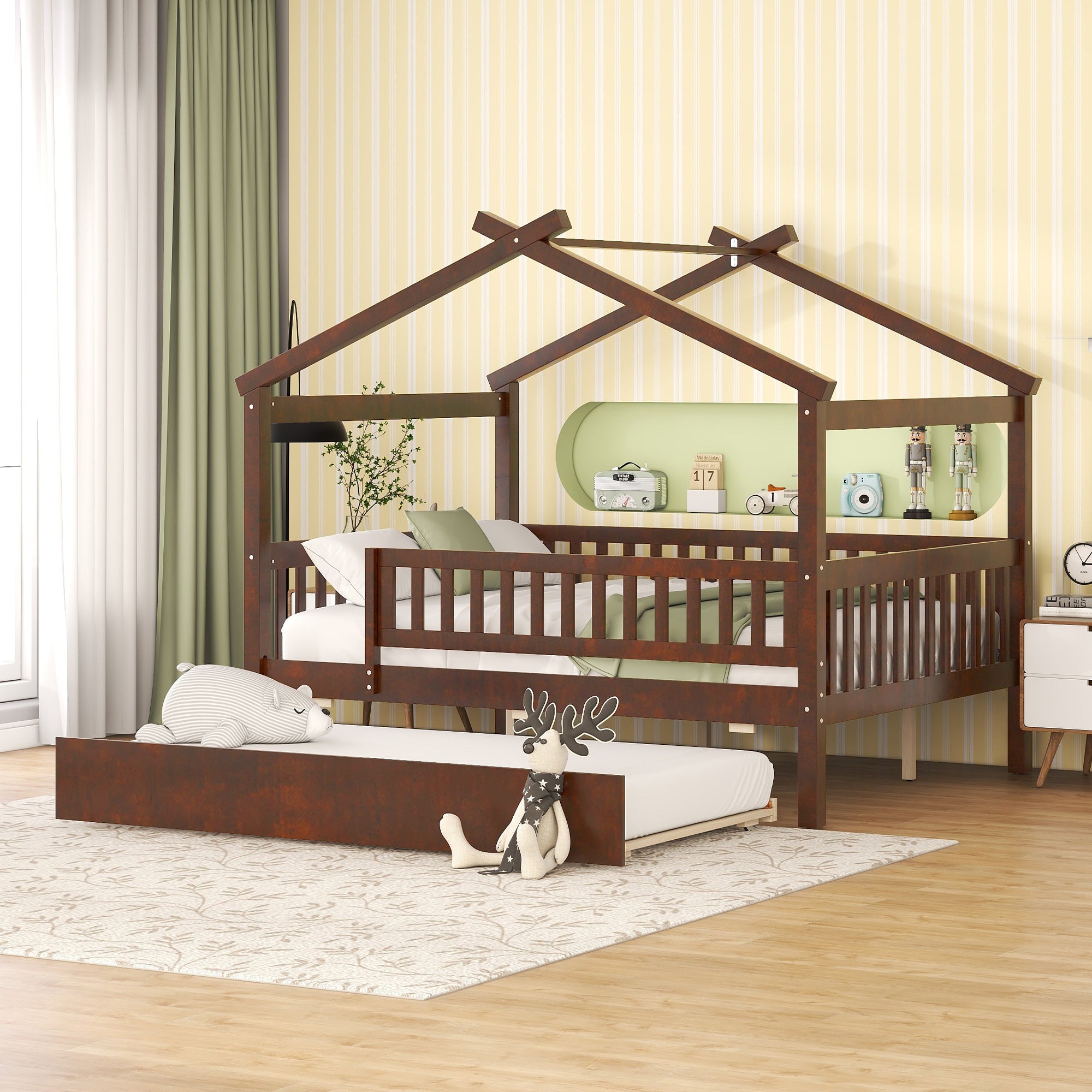 Full Size Wooden House Bed with Twin Size Trundle, Walnut - Atlantic Fine Furniture Melbourne FL