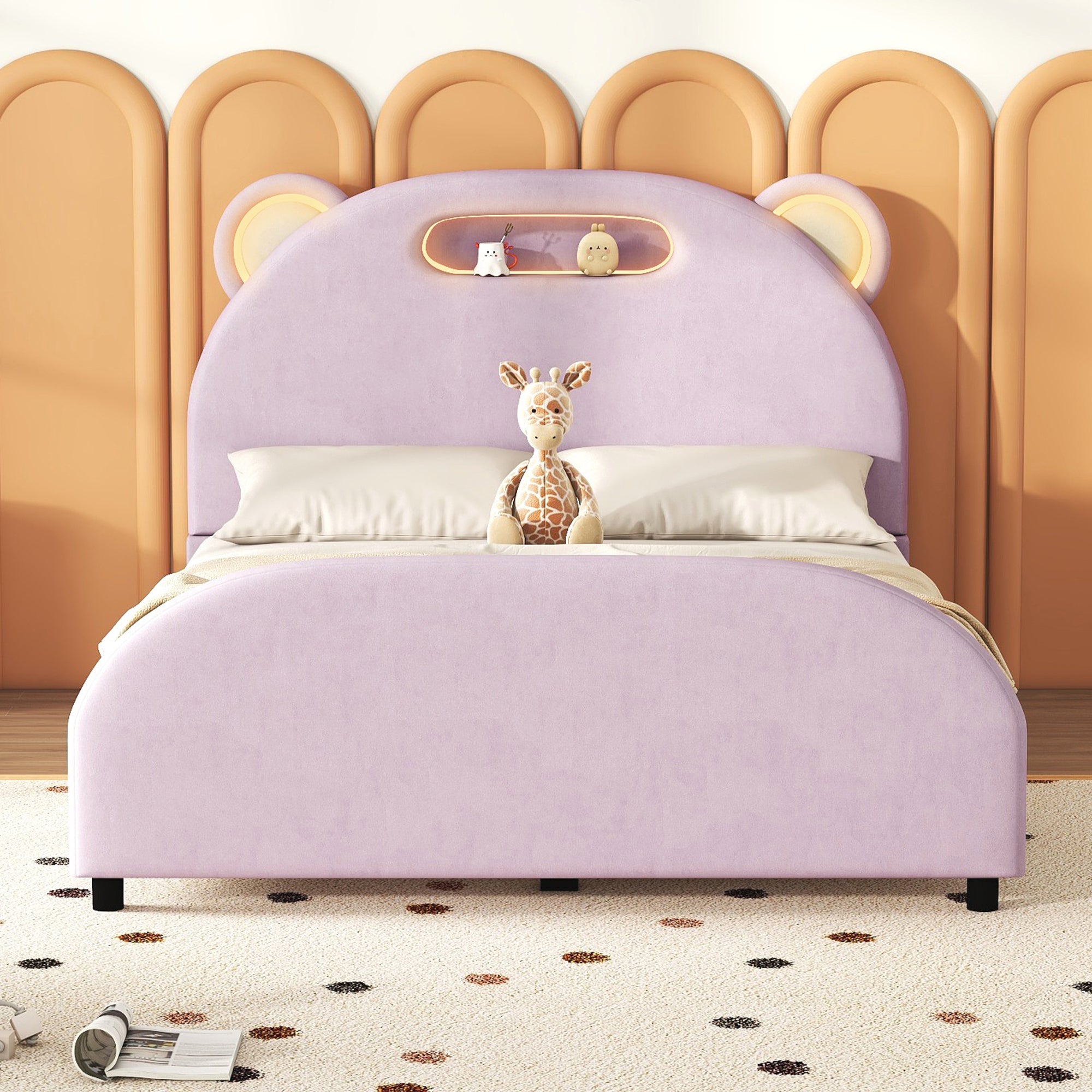 Full Size Upholstered Platform Bed with Bear-Shaped Headboard and Embedded Light Stripe, Velvet, Pink - Atlantic Fine Furniture Melbourne FL