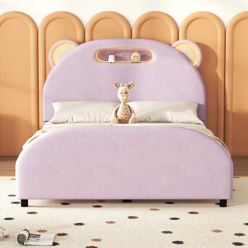 Full Size Upholstered Platform Bed with Bear-Shaped Headboard and Embedded Light Stripe, Velvet, Pink