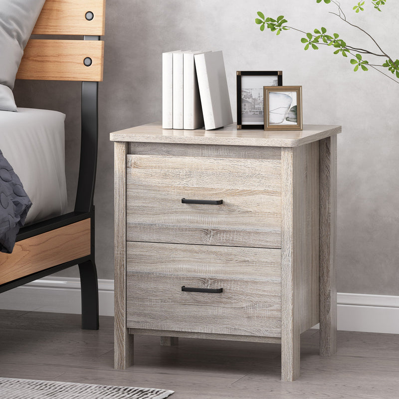Wood Nightstand With 2 Drawers And Metal Handle - Oak