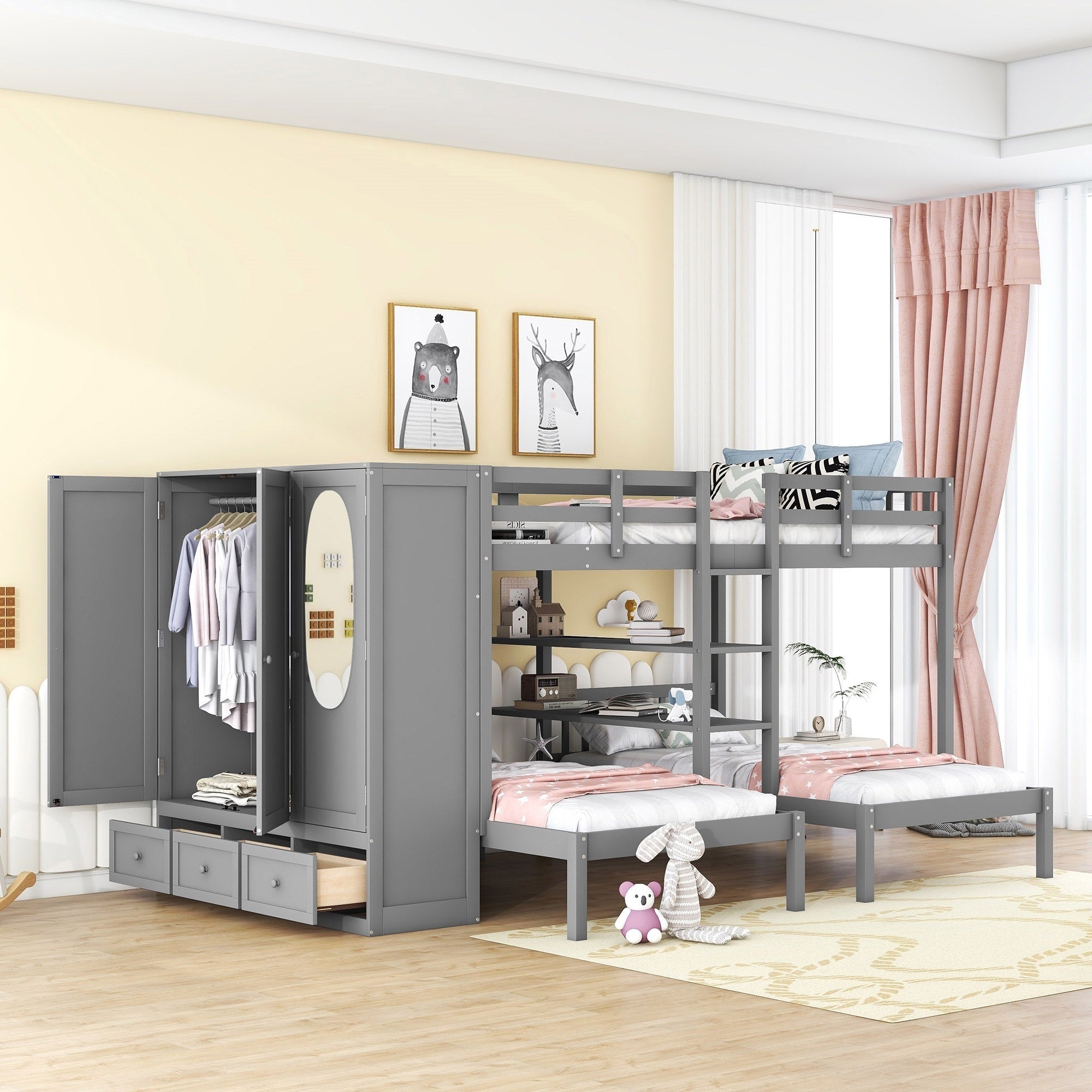 Full-Over-Twin-Twin Bunk Bed with Shelves, Wardrobe and Mirror, Gray - Atlantic Fine Furniture Melbourne FL