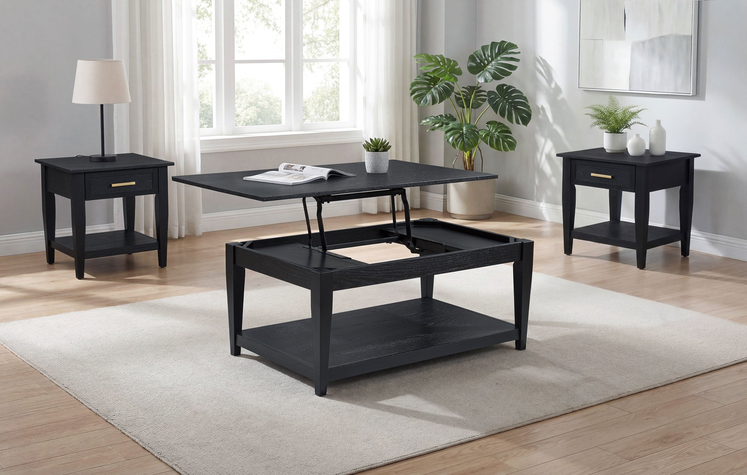 Lindenton 3-piece Wood Lift-Top Coffee and End Table Set Black — view 1