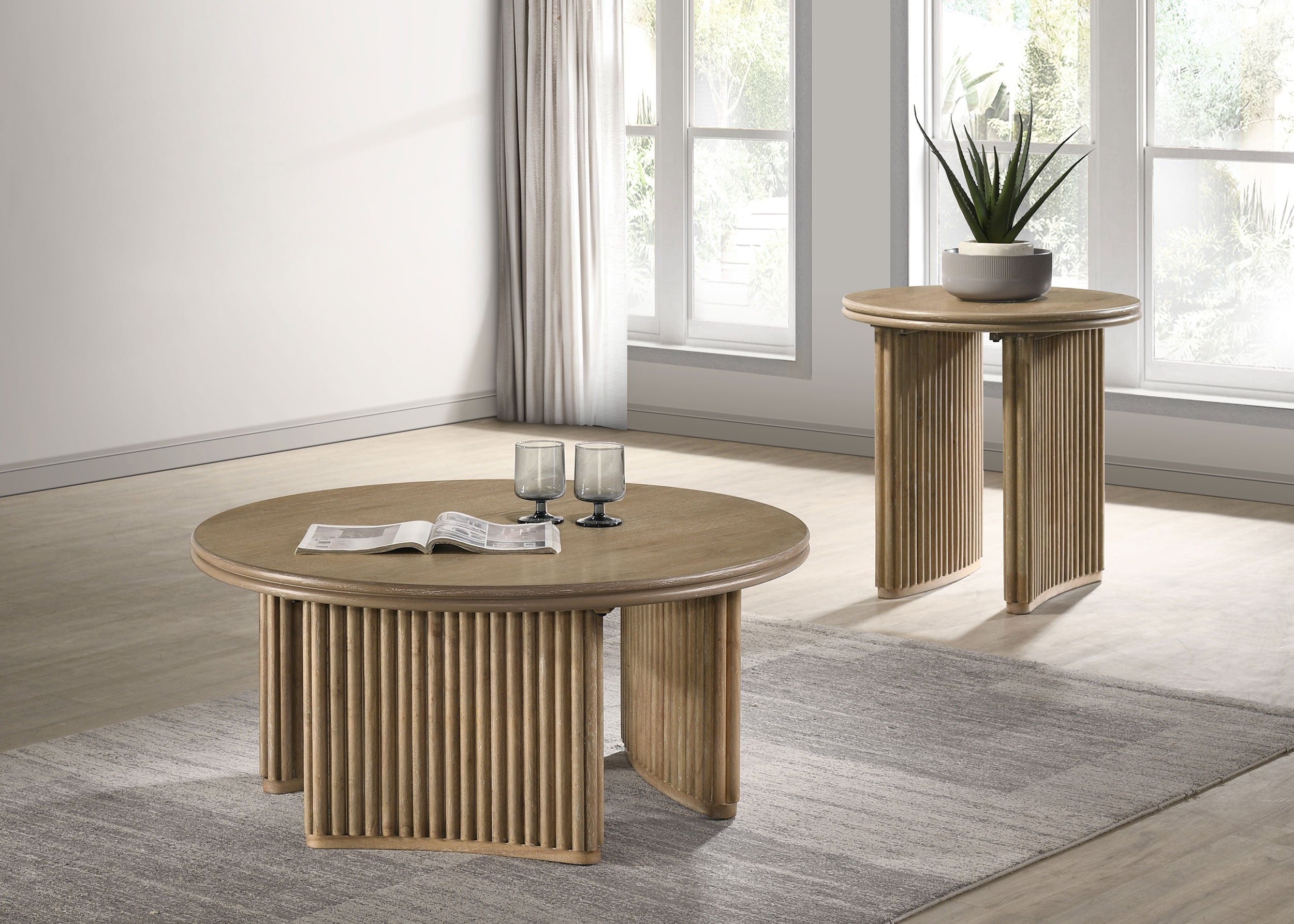 Adina 2-piece Round Coffee Table Set Distressed Light Brown — view 1