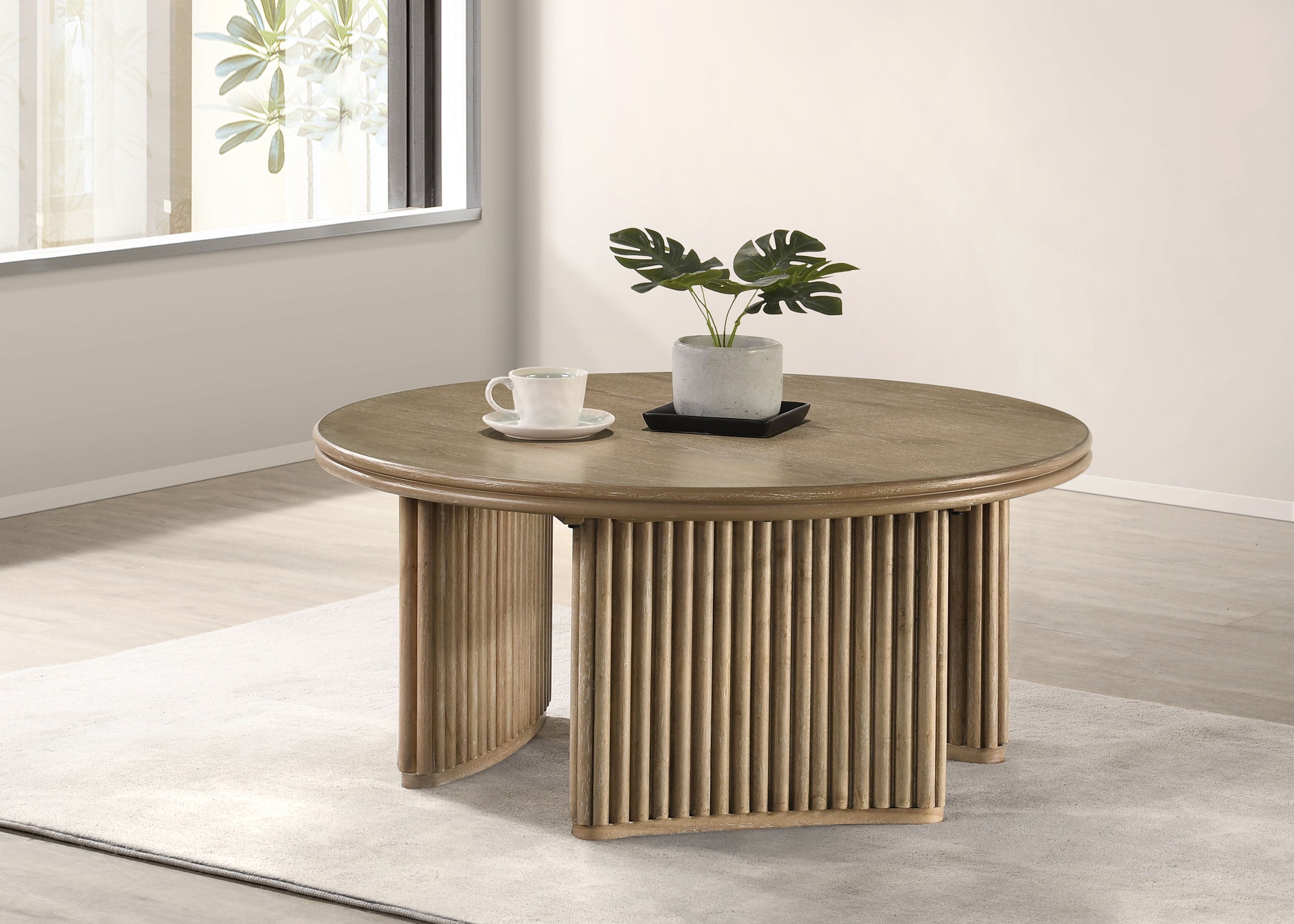 Adina 36-inch Round Wood Coffee Table Distressed Light Brown — view 2