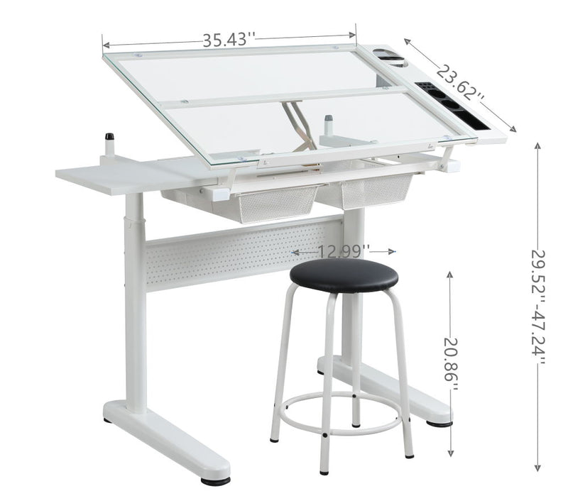 38.18" Hand Crank Adjustable Drafting Table Drawing Desk With 2 Metal Drawers With Stool