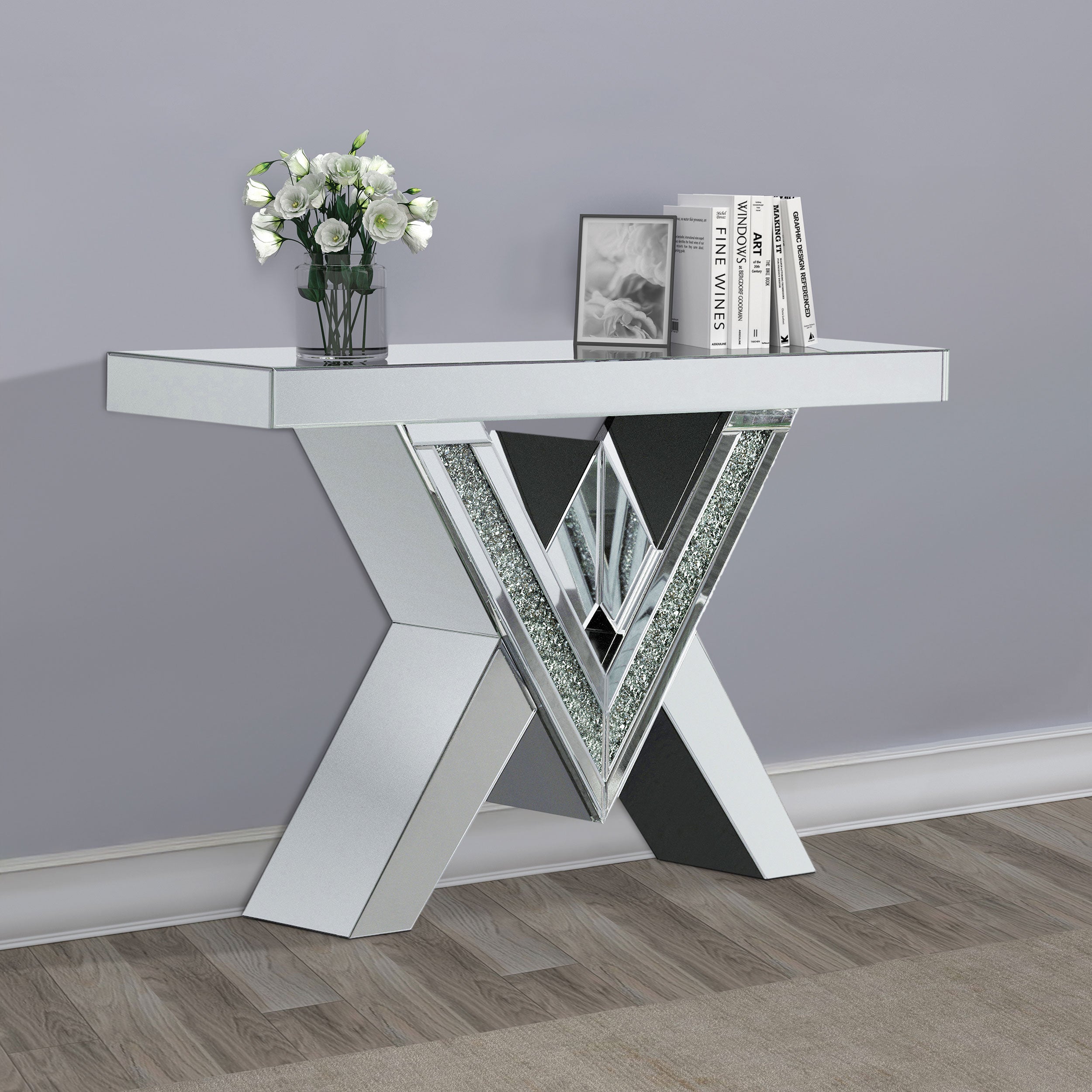 Taffeta V-shaped Mirrored Entryway Console Table Silver — view 2