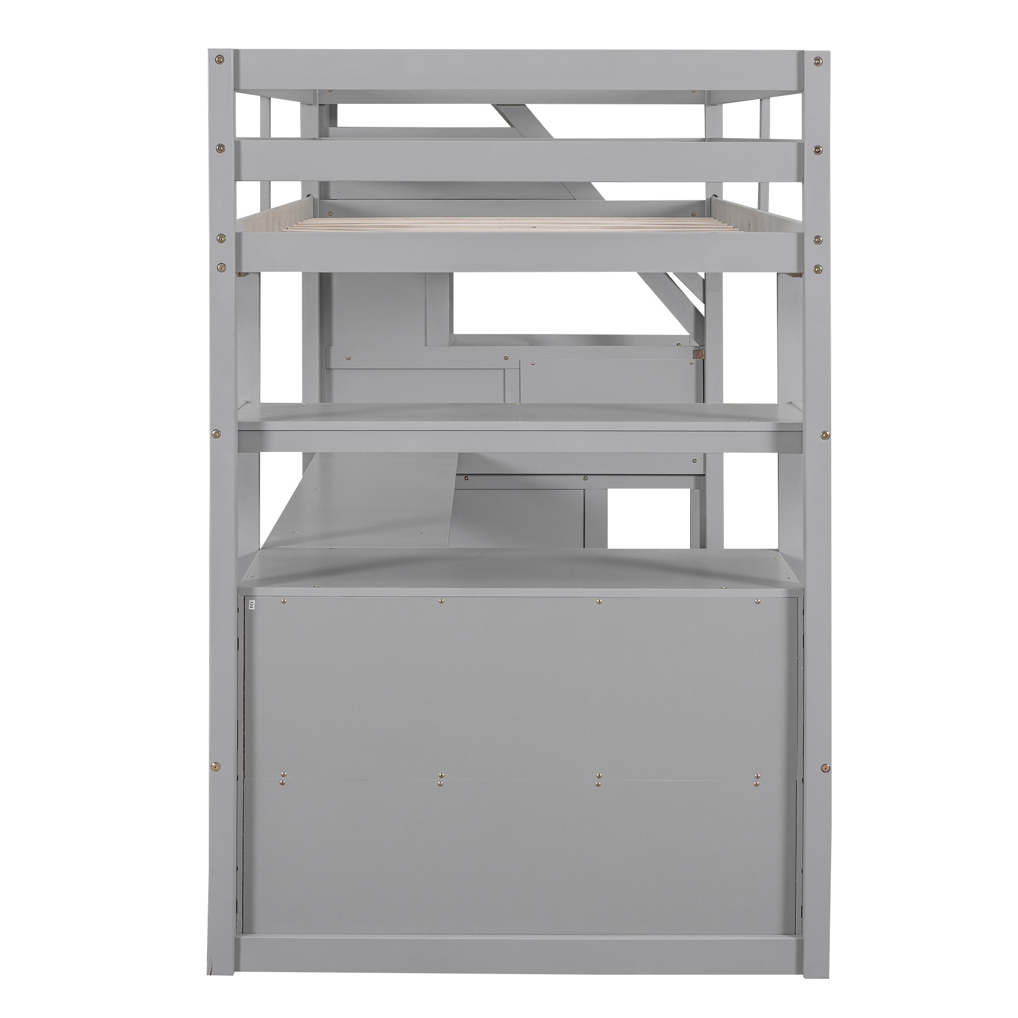 Twin Size Loft Bed with Desk and Shelves, Two Built-in Drawers, Storage Staircase, Gray - Atlantic Fine Furniture Melbourne FL