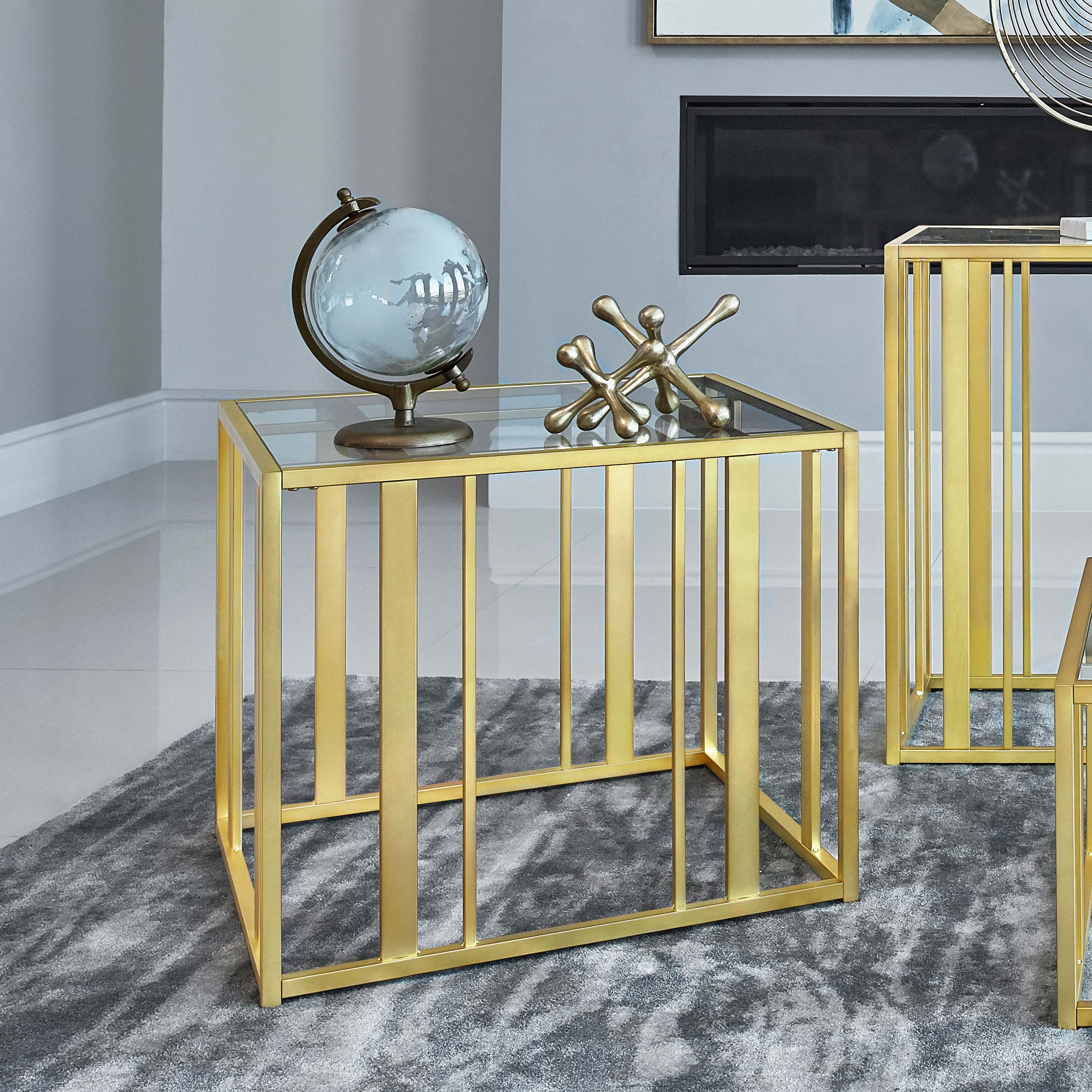 Adri Rectangular Glass Top Side End Table Matte Brass — view 2
